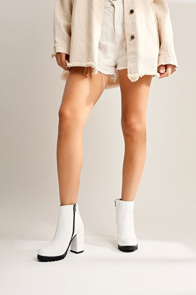 Limoya Bahiya Beyaz Oval Burunlu Fermuarlı Topuklu Kadın Bot, Kadın Bootie Fırsat Ürünü