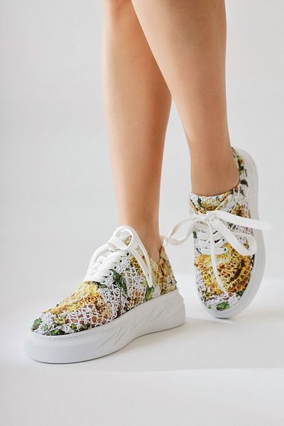 Limoya Biba Yellow Knitwear Pattern Printed Lace-Up Women's Sneakers, Lace-Up Sneakers