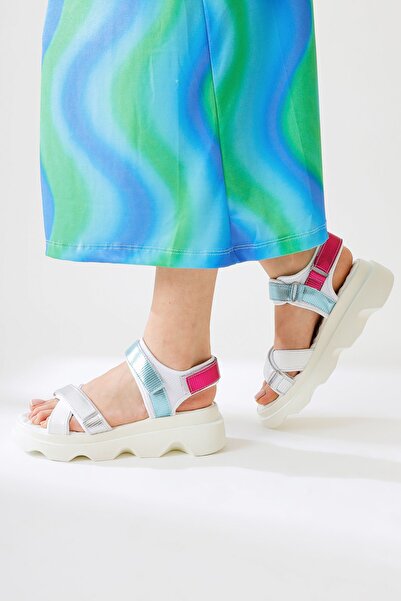 Limoya Siga White Cross-Strapped Velcro Detail Women's Sandals Opportunity Product