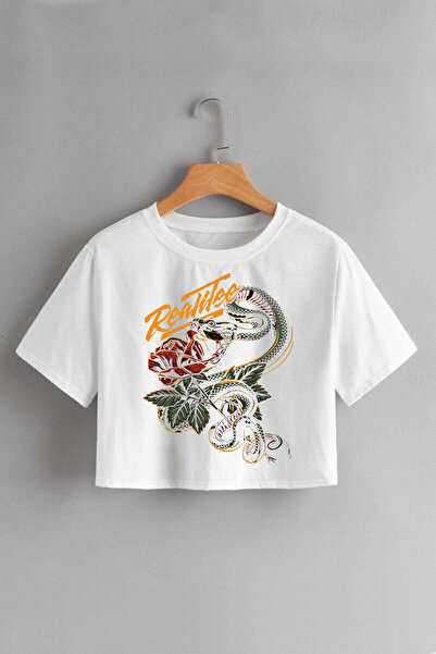 FECCY Tricou crop alb cu imprimeu Realite pentru femei