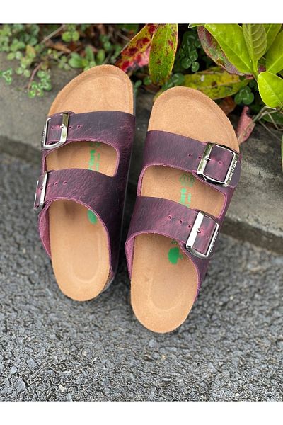 Land of Cork Anatomical Natural Cork Sole Double Buckle Genuine Leather Slippers