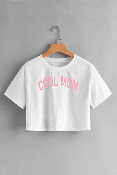 FECCY Tricou Crop pentru Femei cu Imprimeu Cool Mom - Alb