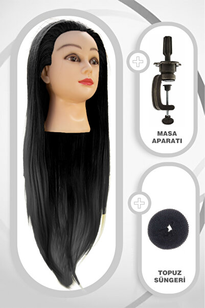 KONAK PERUK Kuaför Eğitim Mankeni / Siyah + Masa Aparatı + Topuz Süngeri