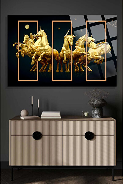 TAULART Gold Asil Atlar 4mm Kırılmaz Temperli Yüksek Çözünürlüklü Cam Tablo