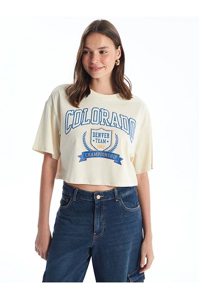 LC Waikiki XSIDE Crew Neck Women's Oversize Crop Top - Short Sleeve, Printed, L C M WAIKINAİ