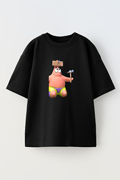 NMG TEKSTİL تي شيرت أسود كبير الحجم من القطن سبونج بوب مطبوع للجنسين