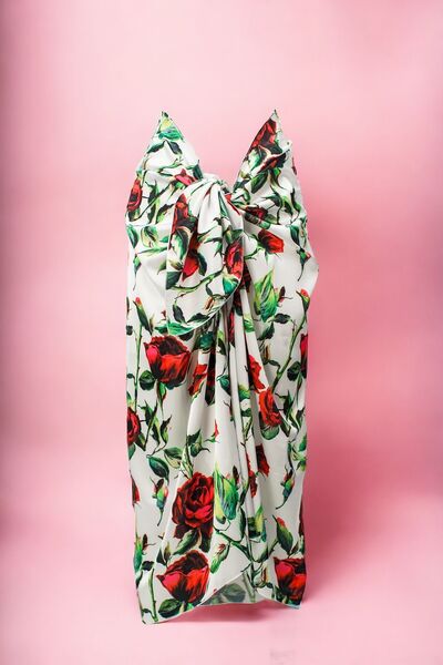 pistore White Red Rose Patterned Long Pareo Satin Women's Beach Dress New Season