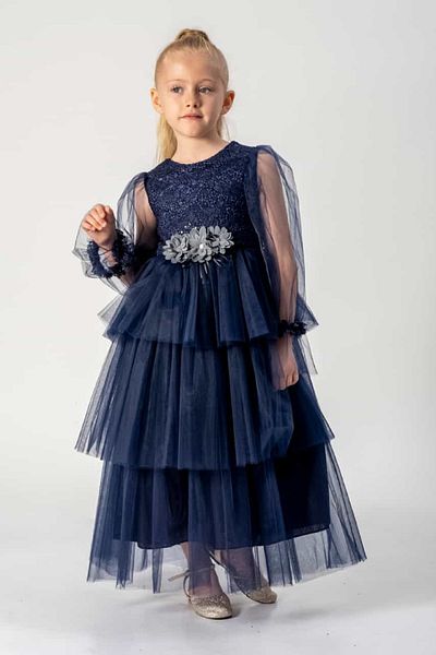 DFN Bead Embroidered Long Sleeve Tulle Layered Evening Dress