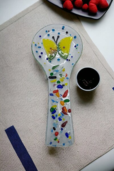 Beytuna Suport pentru linguri din sticlă lucrat manual cu model fluture