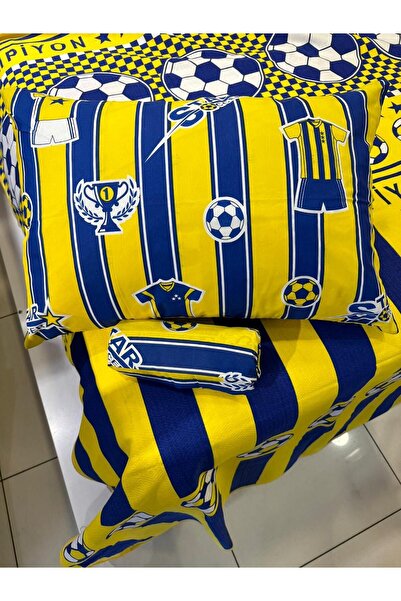 ŞENER HOME Single Elastic Pique Set - Yellow-Navy Blue Fan Patterned Sheet