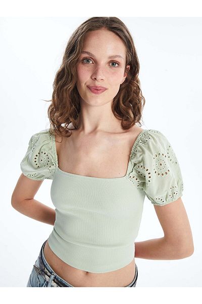 LC Waikiki Einfarbiger, kurzärmliger Damen-Crop mit quadratischem Kragen