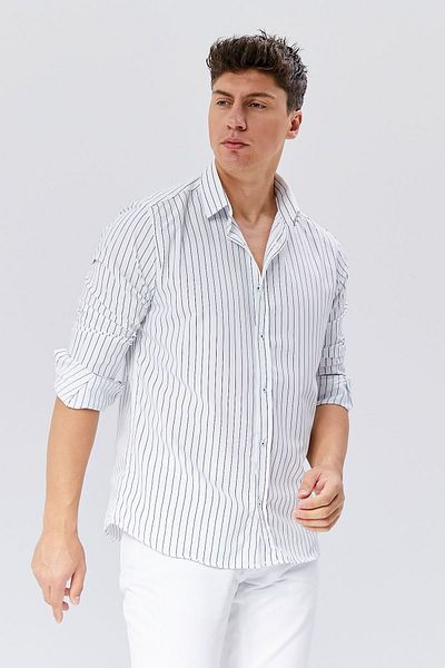 AKSAHİN COLLECTİON White Dark Navy Blue Striped Long Sleeve Classic Men's Shirt