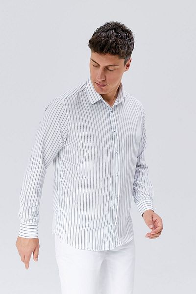 AKSAHİN COLLECTİON White Dark Navy Blue Striped Long Sleeve Classic Men's Shirt