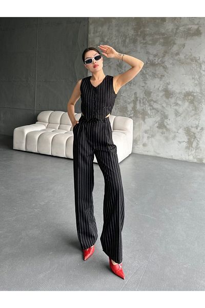 ubmbutik High Waist Palazzo Pants and Short Crop Vest - Striped Women's Set