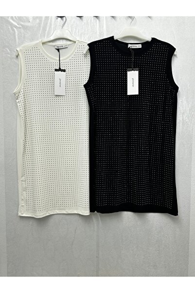 Puane Stone Detailed Crew Neck Zero Sleeve Blouse - 10525