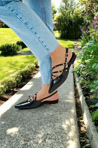 Lideral Open Women's Ballerinas with Belt Buckle Black Patent Leather (I Recommend You to Buy 1 Size Larger)