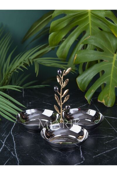 MIARIK DESIGN & DEKORASYON Pirinç Kulplu 3'lü Zeytindalı Çerezlik