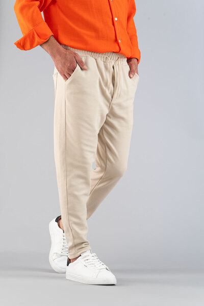 bombe Ανδρικό μπεζ παντελόνι με ελαστική μέση, λεπτή εφαρμογή, εύκαμπτη λύκρα Basic Cotton Jogger