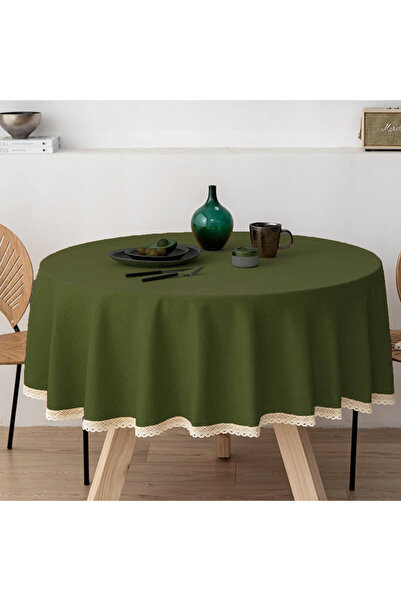 Zeren Home Meral Kurşun Collection Güpür Detaylı Dertsiz Yuvarlak Masa Örtüsü