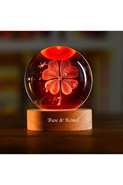 keyfim shop İsme Özel  Ahşap Dört Yapraklı Yonca Kristal Cam Küre 6cm