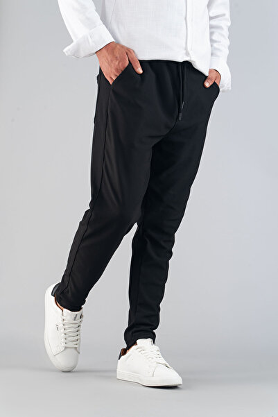 bombe Erkek Siyah Pantolon Beli Lastikli Slim Fit Esnek Likralı Basic Pamuklu Jogger