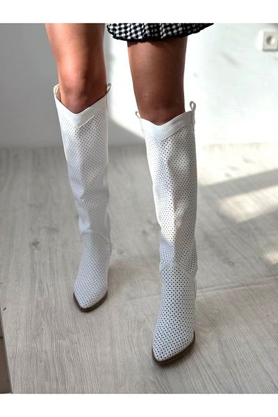 SHOEBOURNE Cizme lungi de vară perforate din piele albă tăiate cu laser