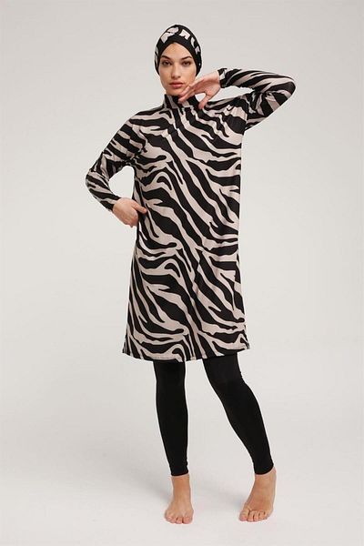 Fitsauna Plus Size Zebra Long-sleeved Model Closed Hijab Swimsuit