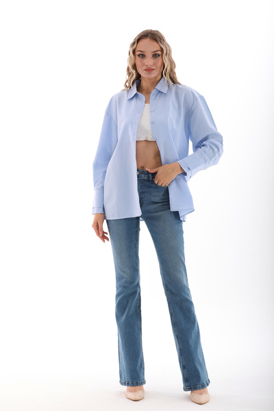 QUZLAK MAVİ KADIN ŞIK MANŞET DETAYLI  GÖMLEK