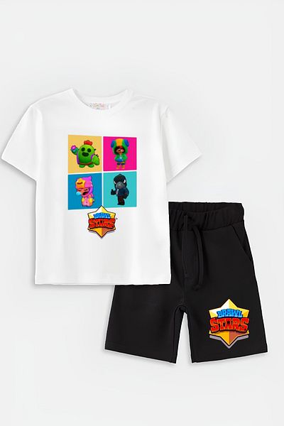 AEMİ White Brawl Stars Printed Children's T-shirt and Shorts Set - 100% Cotton