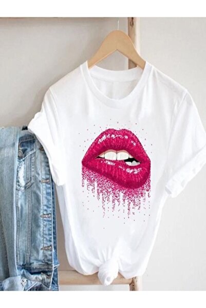 CLASSY.MODA Μπλουζάκι με λευκή στάμπα Oversize - Crew Neck, κοντό μανίκι