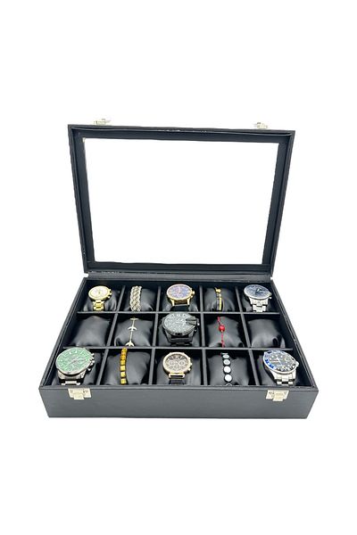 kutuveaksesuar Watch Box Glass Watch Organizer Leather Black