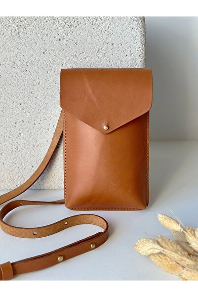 Mimas Design Envelope Hakiki Deri El Yapımı Minimal Telefon Çantası Kahvereng...