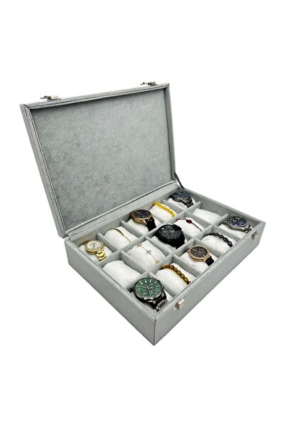 sezginkutuveaksesuar Saat Kutusu 15 li Camsız Gri Anfora Süet