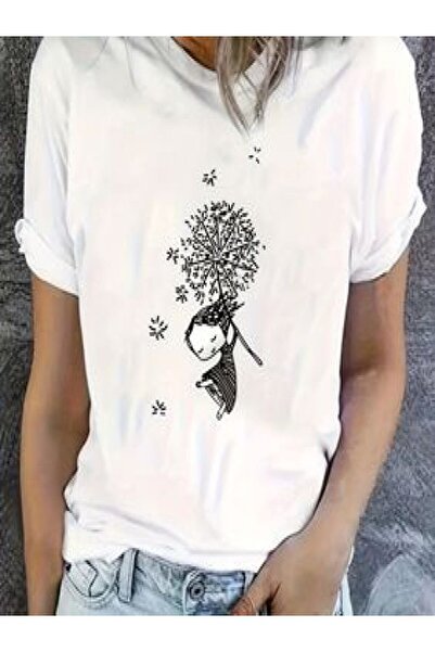 CLASSY.MODA Голяма бяла тениска с щампи - кръгло деколте, къс ръкав