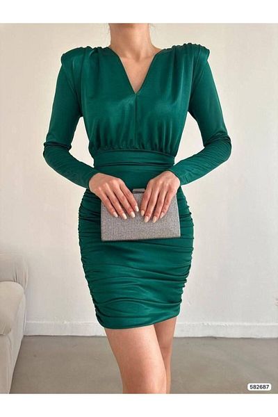 CLASSY.MODA ΓΥΝΑΙΚΕΙΟ Φόρεμα με διπλό στήθος με επένδυση από άμμο ΜΑΚΡΥ ΜΑΝΙΚΙ 95 εκ.