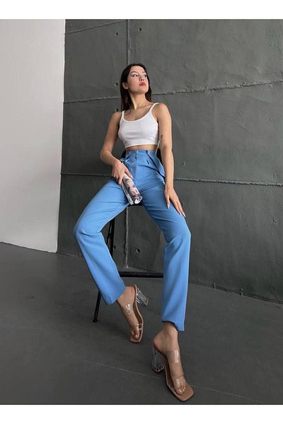 CLASSY.MODA Women's Luxury Pants - Dabıl Kumash with Buttons and Zipper Pocket