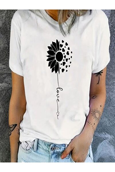 CLASSY.MODA Μπλουζάκι με λευκό εμπριμέ Oversize Ζέρσεϊ - Crew Neck, κοντό μανίκι