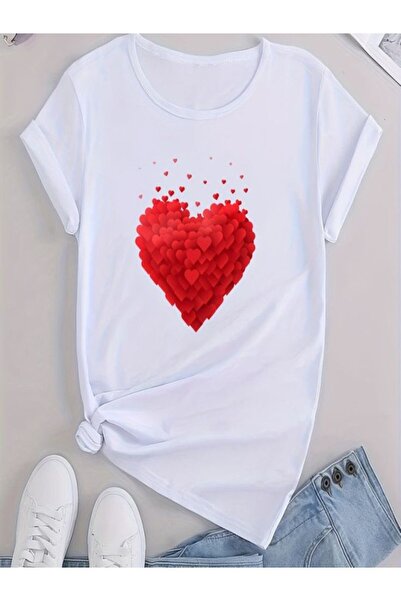 CLASSY.MODA Μπλουζάκι με λευκό εμπριμέ Oversize Ζέρσεϊ - Crew Neck, κοντό μανίκι