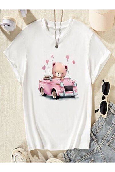 CLASSY.MODA تي شيرت أبيض كبير الحجم مطبوع - رقبة دائرية، كم قصير