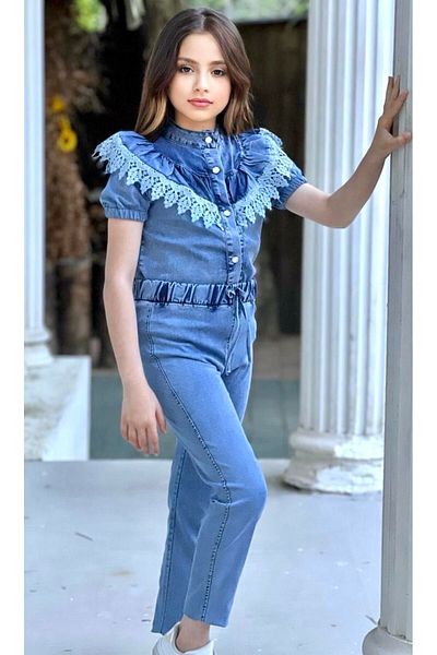 Calisa Set Jeans pentru fete - Cămașă și pantaloni din denim cu volane