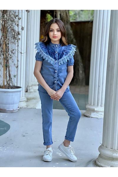 Calisa Set Jeans pentru fete - Cămașă și pantaloni din denim cu volane
