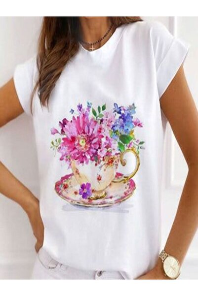 CLASSY.MODA Μπλουζάκι με λευκό εμπριμέ Oversize Ζέρσεϊ - Crew Neck, κοντό μανίκι