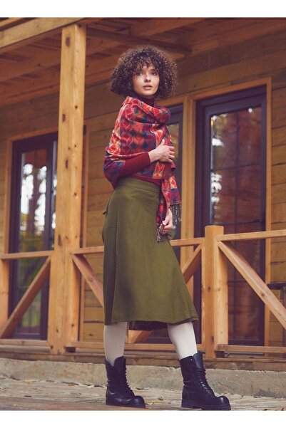 Bohemian Haki Midi Boy Kloş Bohem Anvelop Etek