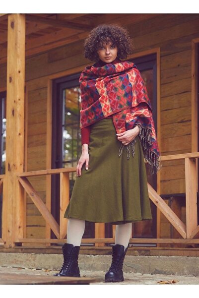 Bohemian Haki Midi Boy Kloş Bohem Anvelop Etek