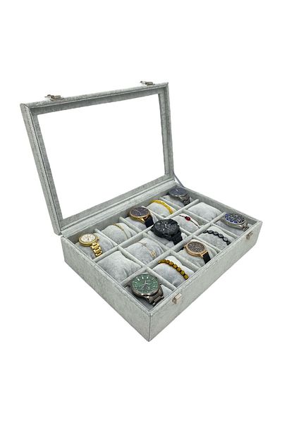 kutuveaksesuar Watch Box 15 Eyes Watch Organizer Full Gray Suede Alphora Fabric Covering Special