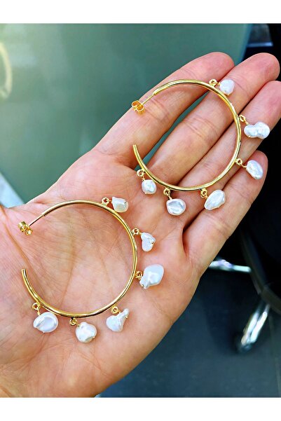 emy by emel luxury silver jewelry Altın Kaplama Barok İncili Büyük Halka Küpe...