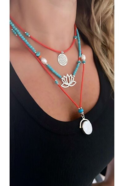 splashtakı 925 Ayar Gümüş Kolye Yaşam Lotus Çiçeği Doğaltaş Sedef Inci Kombin Takı