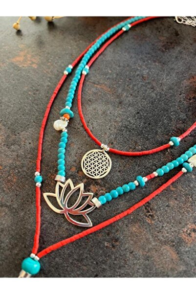 splashtakı 925 Ayar Gümüş Kolye Yaşam Lotus Çiçeği Doğaltaş Sedef Inci Kombin Takı