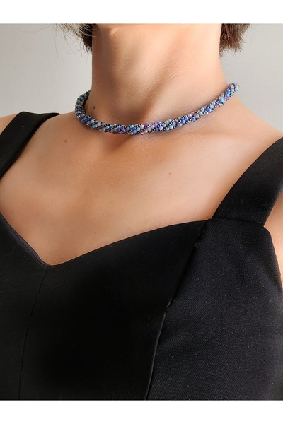 Eva Takı Ethnic Bohemian Spiral Twisting Model Crystal Turquoise Gray Crystal Bead Necklace