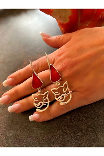 splashtakı 925 Ayar Gümüş Kedili Küpe Kök Mercan Doğaltaş Takı